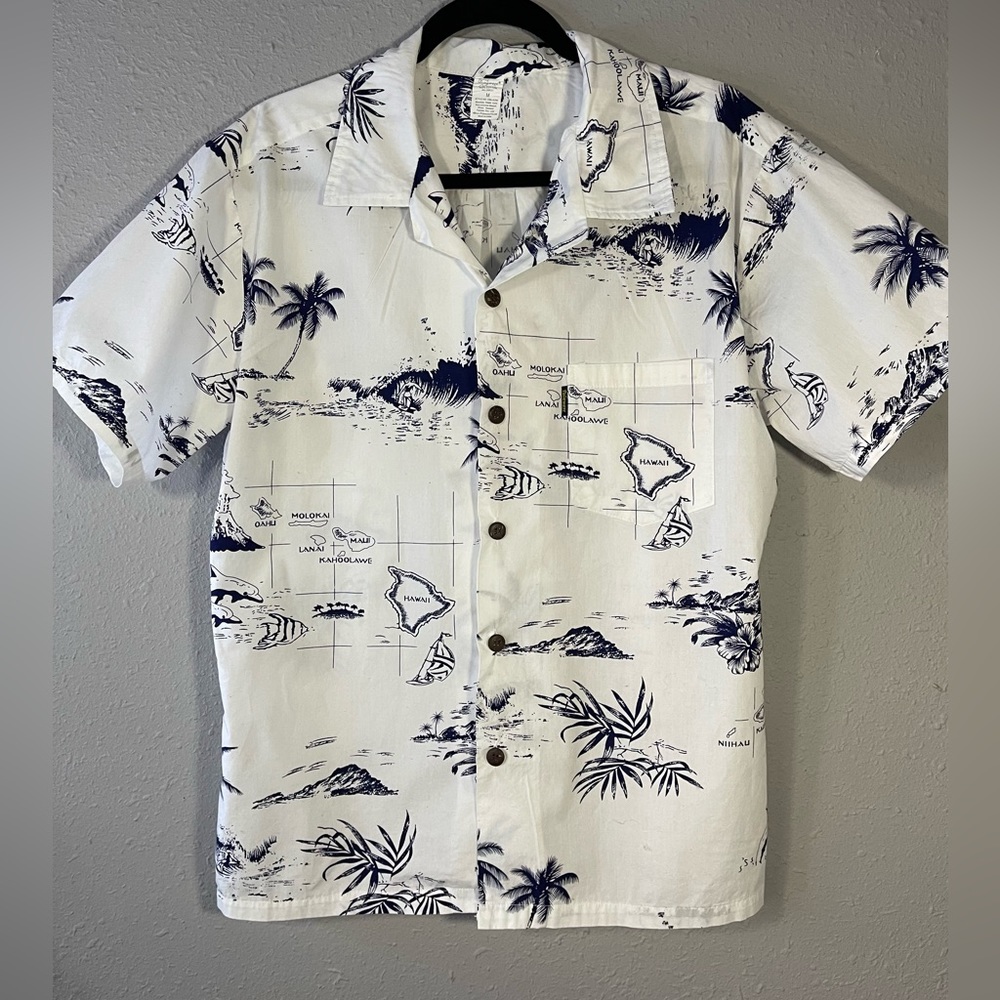 Plamwave Hawaii White Map Aloha Button Up Shirt, Men’s Medium, 100% Cotton.